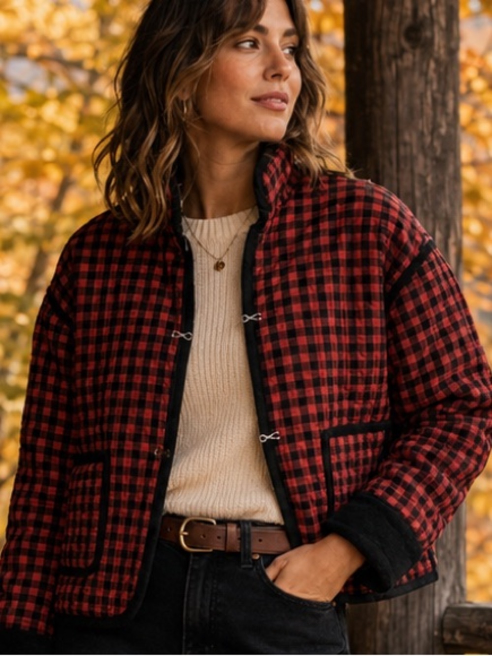 Omoone Buffalo Plaid Quilted Jacket Cropped Padded Coat NWT Size S